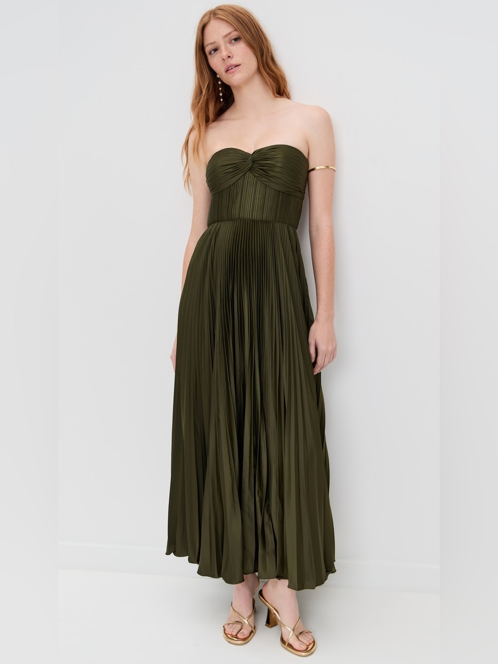 AMUR Strapless Olive-Tone Pleated Maxi Dress